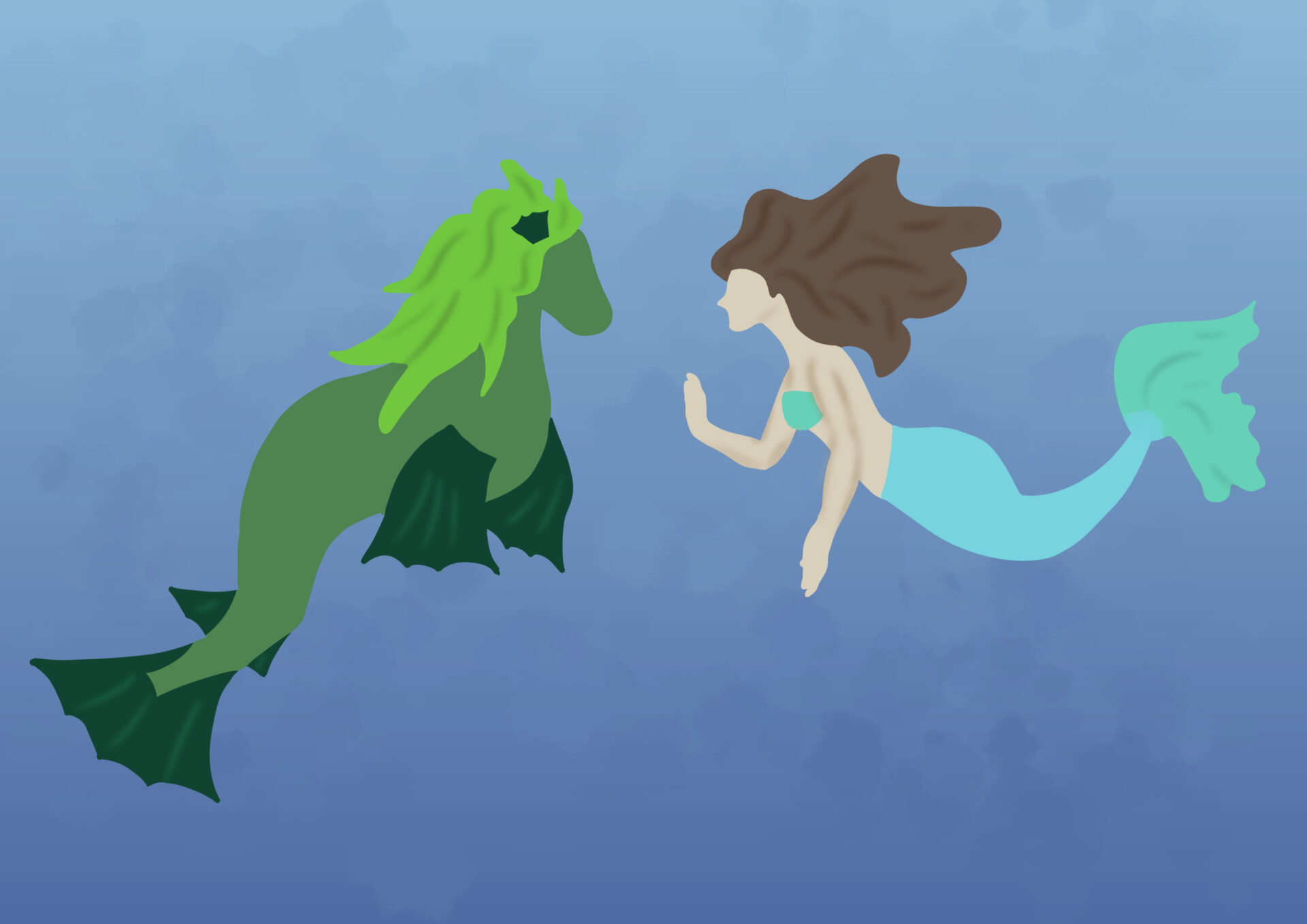 Dibujo de una sirena con un caballito de mar