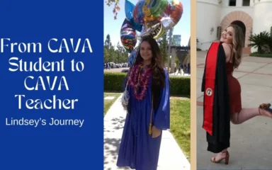 Texto alternativo: «Imagen dividida con el título "De estudiante de CAVA a profesora de CAVA: el viaje de Lindsey". Izquierda: mujer con toga azul de graduación, globos y guirnaldas de flores. Derecha: mujer con vestido rojo y estola negra, posando alegremente».