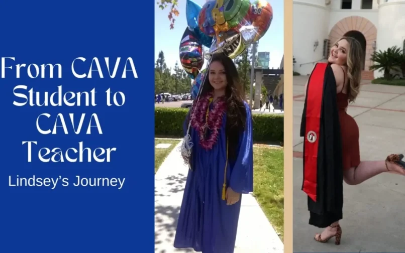 Texto alternativo: «Imagen dividida con el título "De estudiante de CAVA a profesora de CAVA: el viaje de Lindsey". Izquierda: mujer con toga azul de graduación, globos y guirnaldas de flores. Derecha: mujer con vestido rojo y estola negra, posando alegremente».