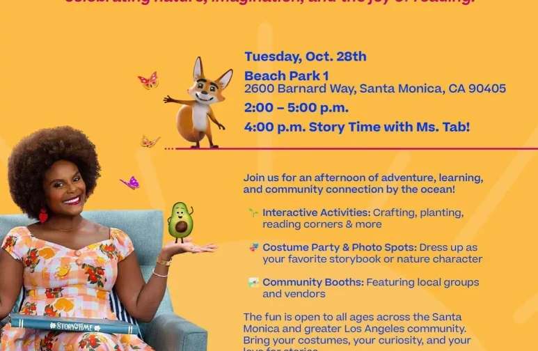 Folleto de Nature's Storybook Adventure: presenta un evento con Tabitha Brown en Santa Mónica el 28 de octubre, con actividades, cuentacuentos y puestos comunitarios. Tono divertido y atractivo.