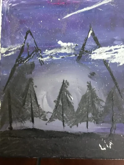 Pintura de una montaña con pinos