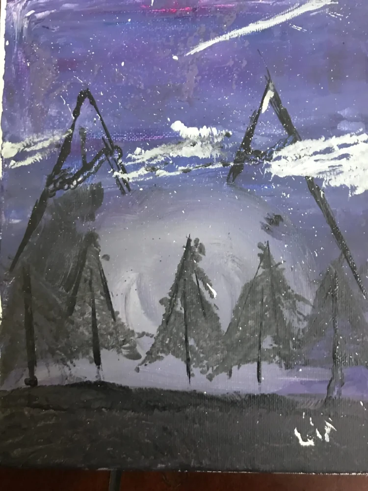 Pintura de una montaña con pinos