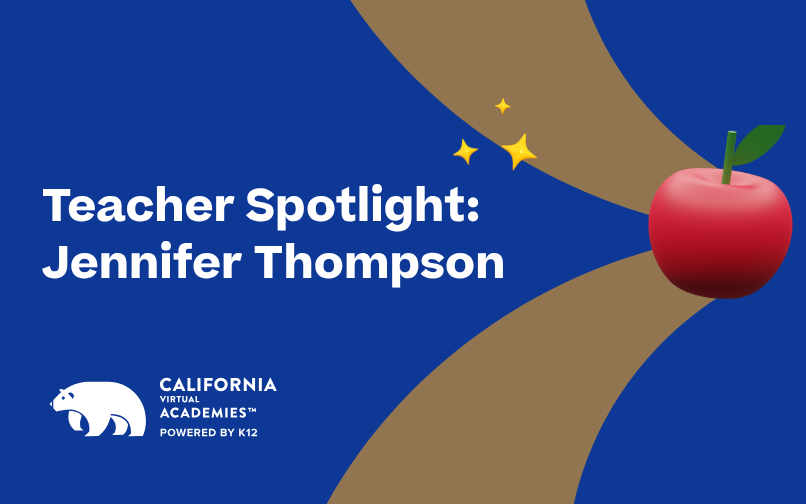 Imagen titulada «Profesora destacada: Jennifer Thompson» sobre un fondo morado con formas doradas curvas, pequeñas estrellas y una manzana roja. El logotipo de California Virtual Academies (con tecnología de K12) aparece en la parte inferior izquierda.